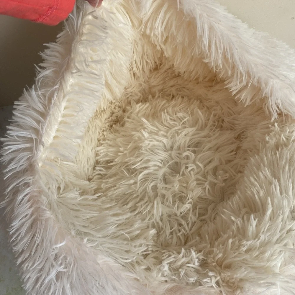 Small Hooded Pet Bed Cozy shaggy Cream Fluffy for small or dog cat off New